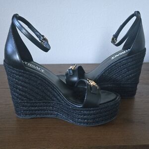 Versace Black Leather Wedge Size 39 Sandals with Gold Medusa Accent